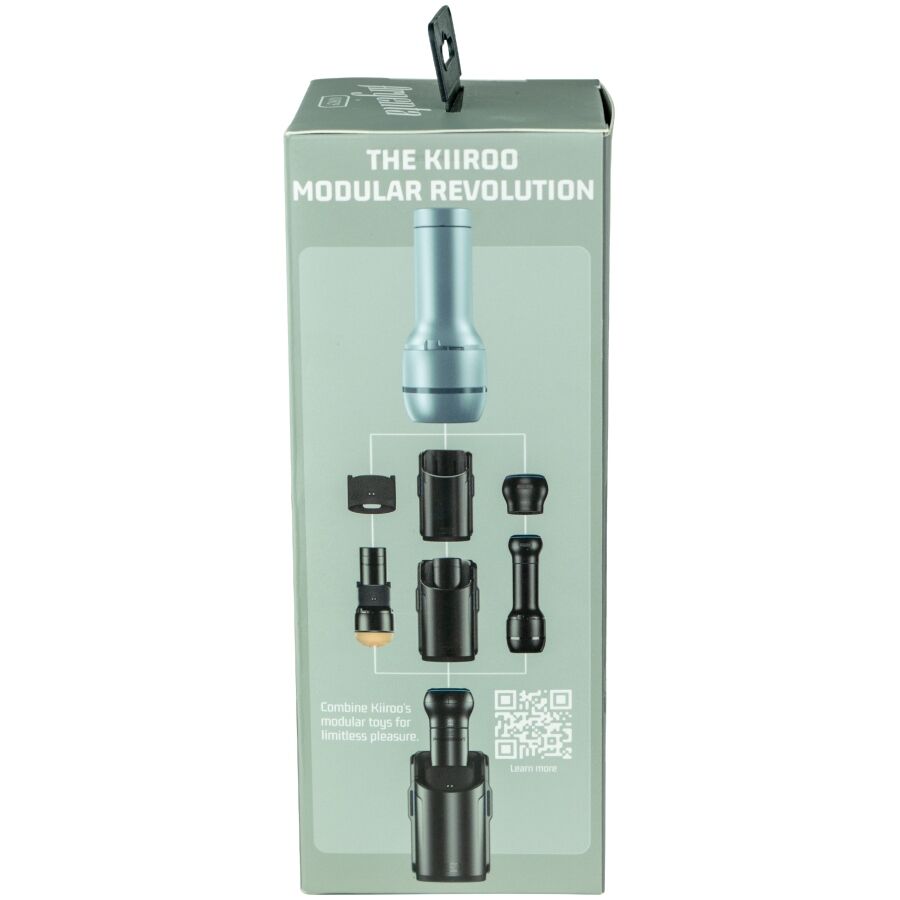 Panneau de l'emballage 'The Kiiroo Modular Revolution' montrant l'eclate des pieces compatibles Keon