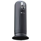 Masturbateur chauffant SVibe gris anthracite de profil sur sa base, corps cylindrique ferme et commandes en haut, masturbateur masculin a poussee et vibrations immersives.