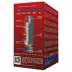 Dos de boite rouge SVibe Ikon Jet avec pictogrammes des fonctions et schema technique du gobelet, emballage du masturbateur masculin chauffant a poussee et manchon.
