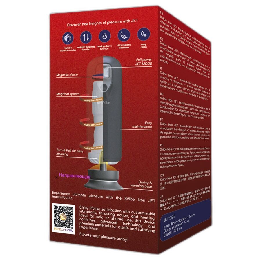 Dos de boite rouge SVibe Ikon Jet avec pictogrammes des fonctions et schema technique du gobelet, emballage du masturbateur masculin chauffant a poussee et manchon.
