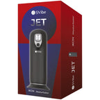 Boite rouge SVibe Ikon Jet Masturbator de trois quarts, visuel du gobelet masturbateur sur base, packaging du masturbateur masculin chauffant a poussee et vibrations.