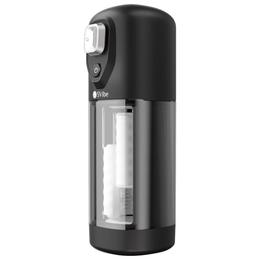 Masturbateur vibrant Ikon Volt noir de trois quarts, fenetre transparente laissant voir le manchon spirale, masturbateur masculin a vibrations et friction telecommande.