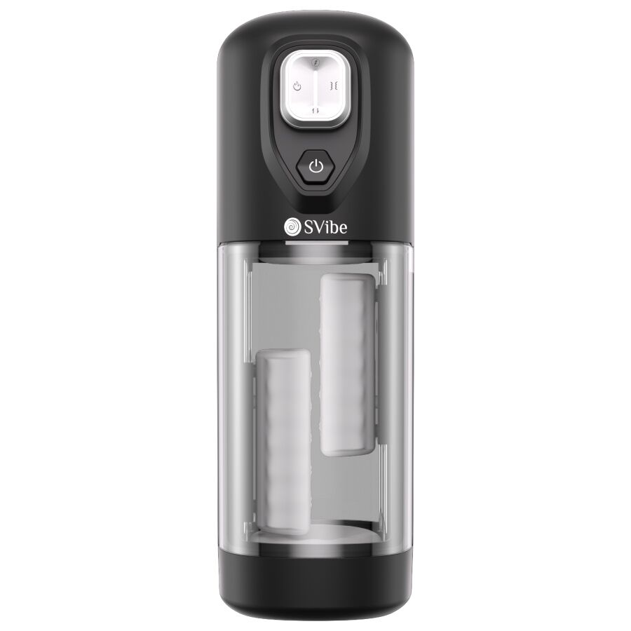 Masturbateur vibrant Ikon Volt noir vu de face, gobelet a chambre transparente et manchon interne blanc, commandes en haut, masturbateur masculin chaleur friction rechargeable.