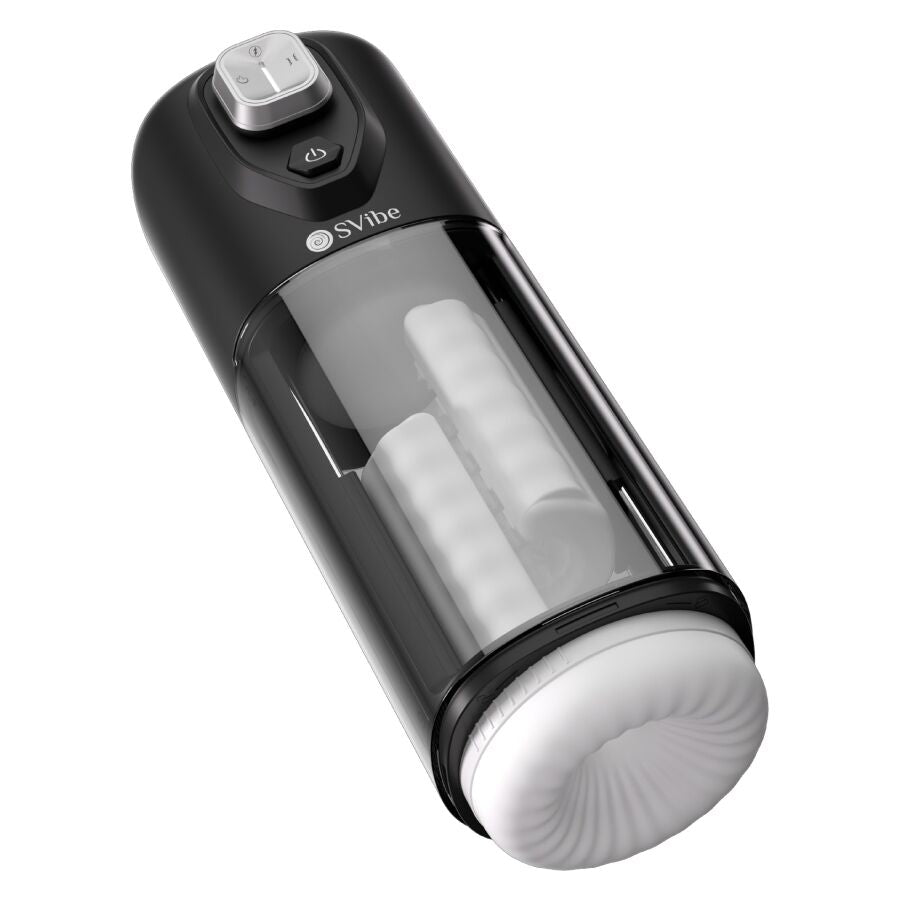 Masturbateur vibrant Ikon Volt noir couche de trois quarts, chambre transparente et embout blanc texture visibles, masturbateur masculin a vibrations chaleur et friction.