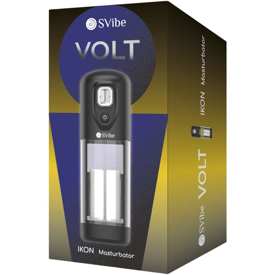 Boite doree SVibe Ikon Volt Masturbator de trois quarts, visuel du gobelet a chambre transparente, packaging du masturbateur masculin vibrant chaleur et friction rechargeable.