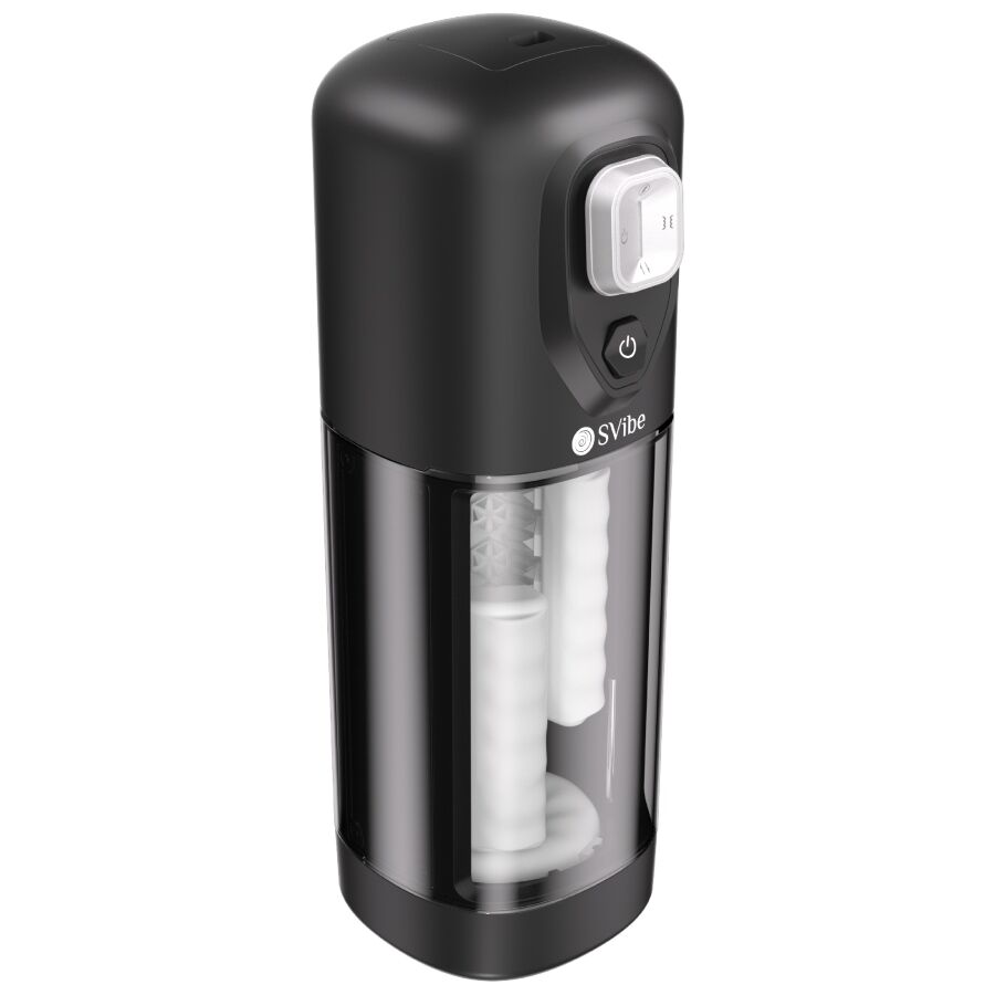 Masturbateur vibrant Ikon Volt noir de profil, corps avec chambre transparente et manchon strie blanc, masturbateur masculin chaleur et friction 6 modes rechargeable.