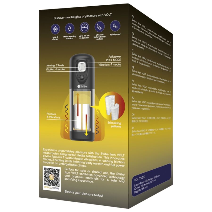 Dos de boite doree SVibe Ikon Volt avec pictogrammes des fonctions et schema technique du gobelet, emballage du masturbateur masculin vibrant a chaleur et friction.
