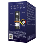 Dos de boite bleue SVibe Ikon Spark avec pictogrammes des fonctions et schema technique du gobelet, emballage du masturbateur masculin a va-et-vient et rotation.