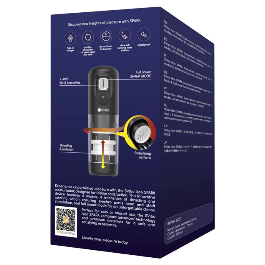 Dos de boite bleue SVibe Ikon Spark avec pictogrammes des fonctions et schema technique du gobelet, emballage du masturbateur masculin a va-et-vient et rotation.