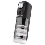 Masturbateur Ikon Spark noir de face, chambre transparente et manchon blanc strie avec base, masturbateur masculin combinant poussee et rotation plusieurs modes rechargeable.