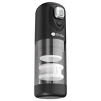 Masturbateur Ikon Spark noir de trois quarts, fenetre transparente laissant voir les anneaux du manchon, masturbateur masculin a va-et-vient et rotation synchronises rechargeable.