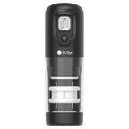 Masturbateur Ikon Spark noir vu de face, gobelet a chambre transparente et manchon interne strie, commandes en haut, masturbateur masculin a poussee et rotation rechargeable.