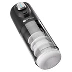 Masturbateur Ikon Spark noir couche de trois quarts, chambre transparente et embout blanc texture visibles, masturbateur masculin a va-et-vient et rotation synchronises.