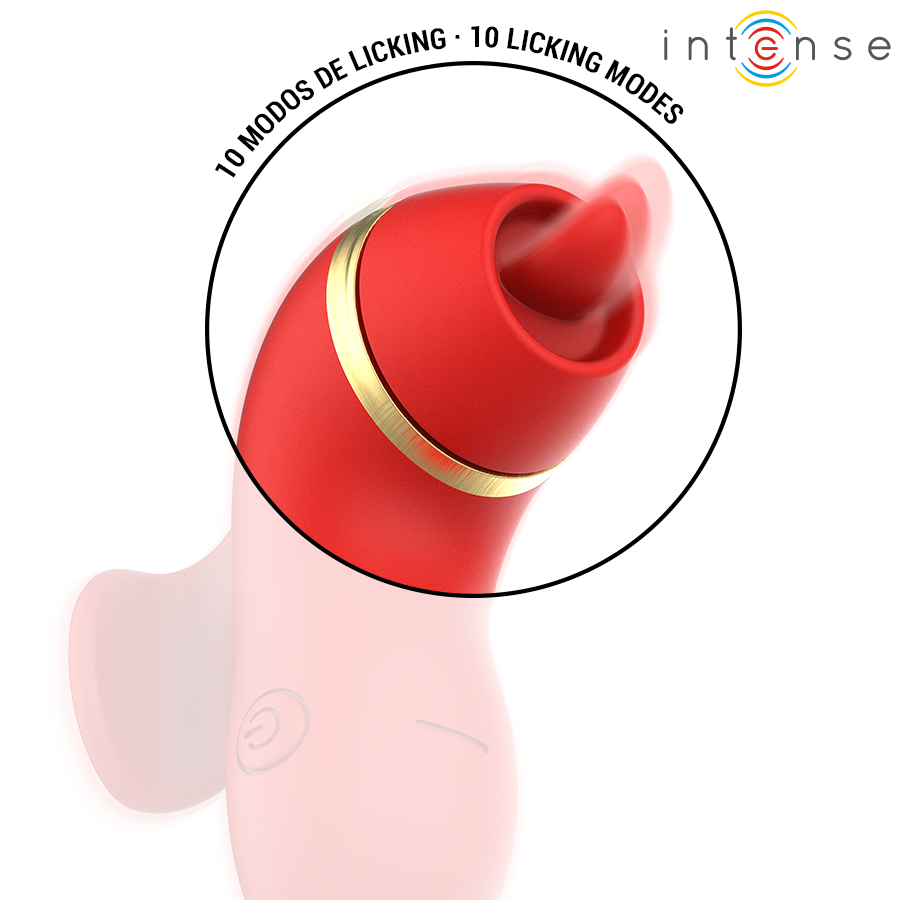 Stimulateur clitoridien Patty rouge et or montrant les dix modes de licking imitant la langue, appareil par aspiration a tetes interchangeables pour le clitoris.