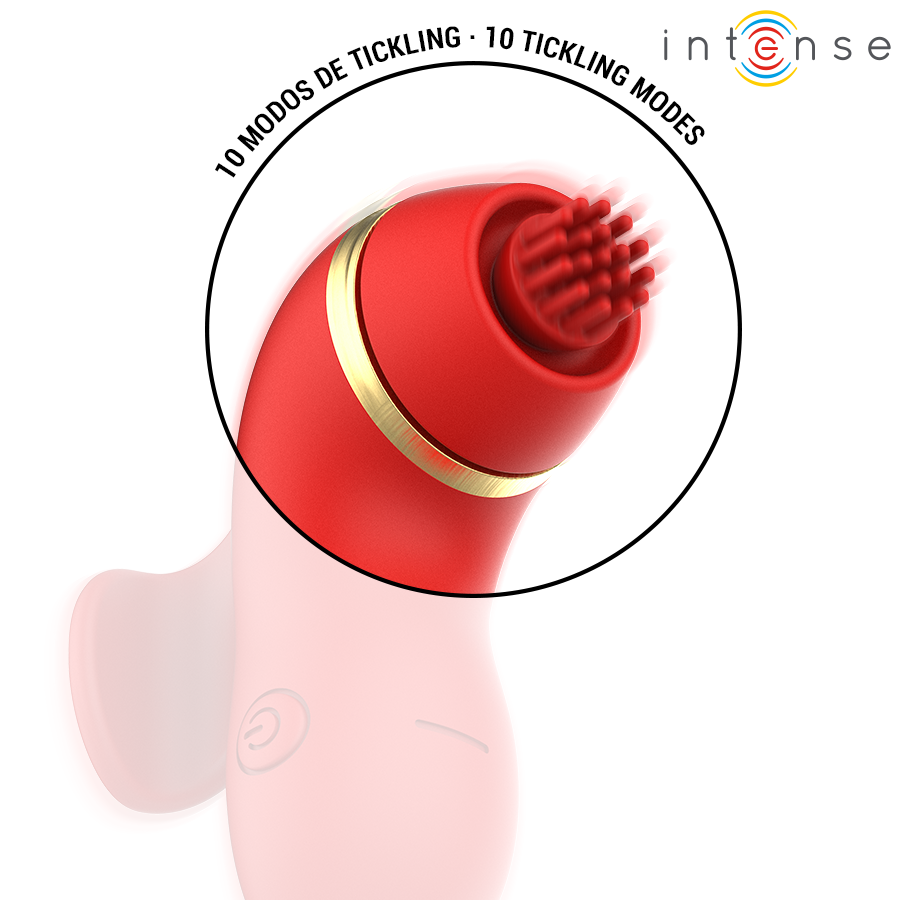 Stimulateur clitoridien Patty rouge et or illustrant les dix modes de tickling avec sa tete a franges souples, appareil par aspiration pour une stimulation clitoridienne.