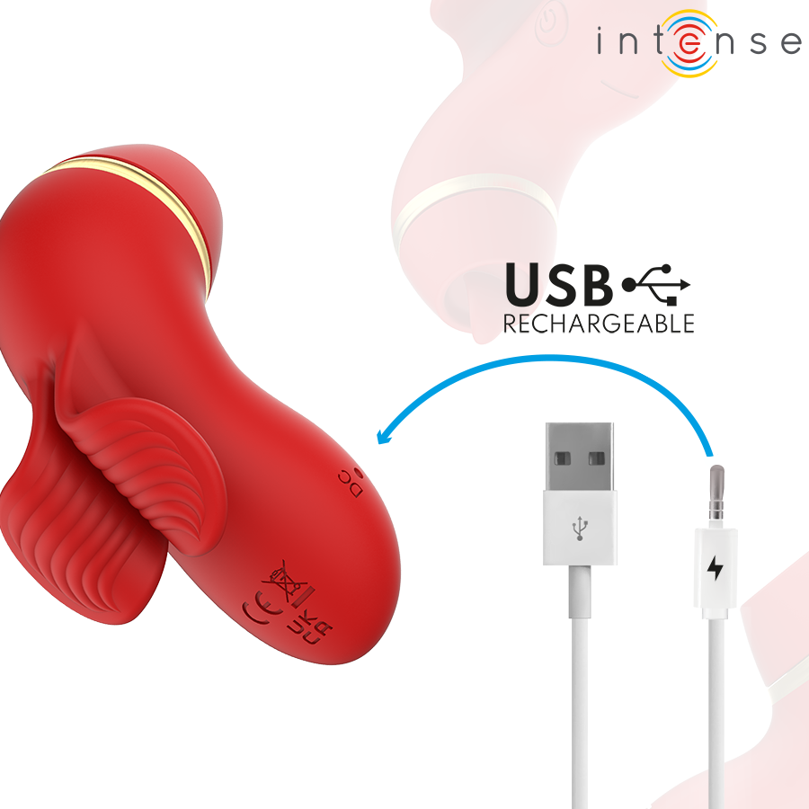 Stimulateur clitoridien Patty rouge et or avec son cable USB de recharge mention USB rechargeable, embout d'aspiration et tetes interchangeables pour le clitoris.