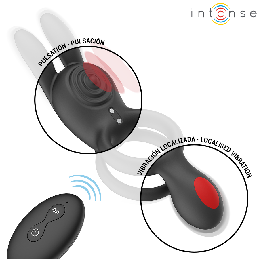 Anneau vibrant Quinn en silicone noir illustrant la pulsation et la vibration localisee dans les oreilles de lapin, telecommande, double anneau souple pour le couple.