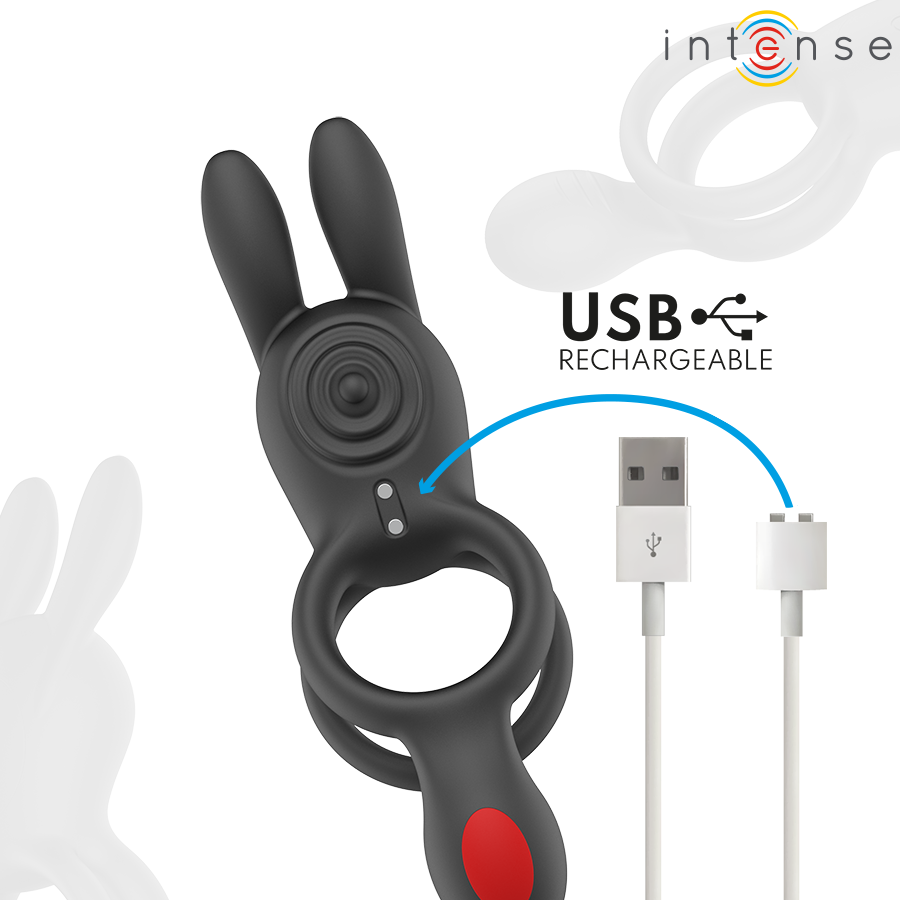 Anneau vibrant Quinn en silicone noir avec son cable USB de recharge mention USB rechargeable, oreilles de lapin et double anneau, stimulation clitoridienne pour le couple.