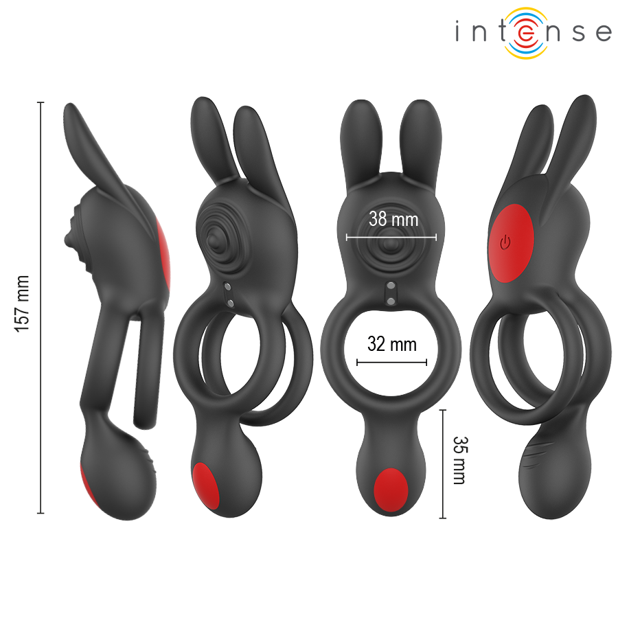 Anneau vibrant Quinn en silicone noir presente en quatre tailles avec cotes 38 mm, 35 mm et 32 mm, oreilles de lapin et double boucle, hauteur 157 mm indiquee.