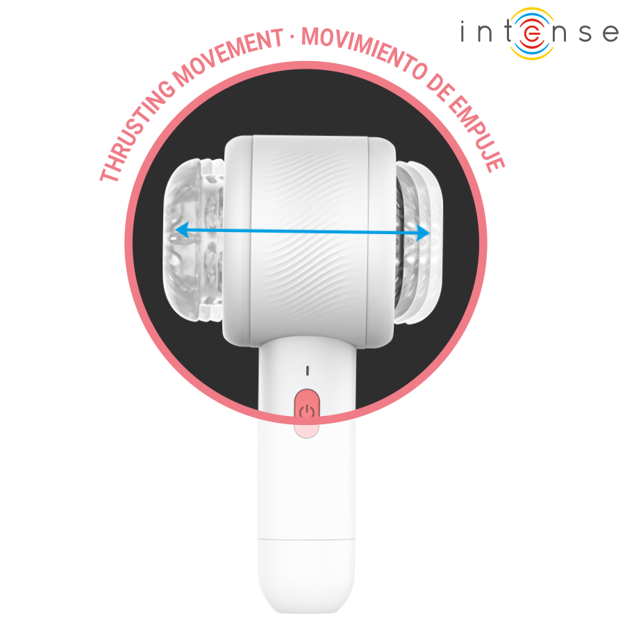 Masturbateur wand Griffin blanc en gros plan sur la tete texturee transparente avec mouvement de poussee thrusting indique, appareil motorise non anatomique pour le penis.