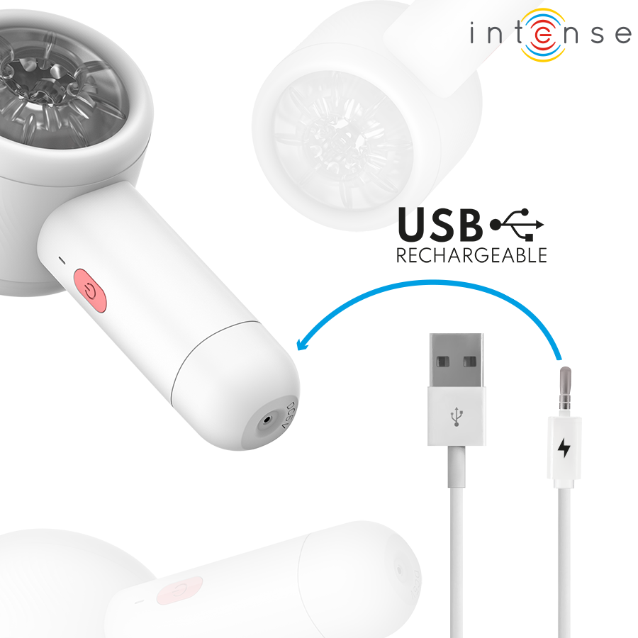 Masturbateur wand Griffin blanc avec son cable USB de recharge mention USB rechargeable, appareil motorise a tete texturee, mouvement de va-et-vient pour le penis.