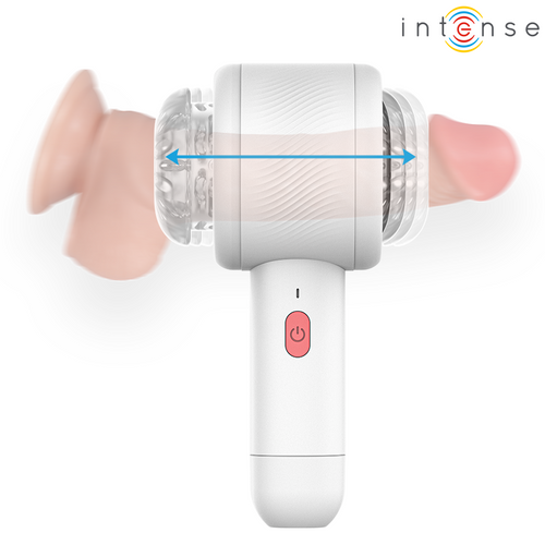 Masturbateur wand Griffin blanc montre avec un gode realiste a gland insere dans la tete texturee, fleches de poussee, appareil motorise a mouvement de va-et-vient.