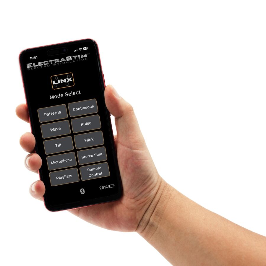 Application ElectraStim Linx affichee sur smartphone tenu en main, ecran Mode Select avec Patterns, Wave et Flick, pilotage Bluetooth du stimulateur electro double canal.