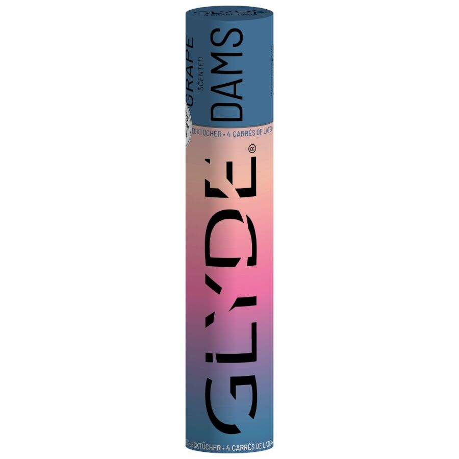 Tube GLYDE Dams saveur raisin couche, digue dentaire latex feuille souple pour sexe oral, capuchon bleu et corps degrade, packaging neutre sans anatomie