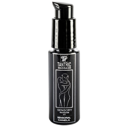 Flacon noir Eros Tantric Massage Sensory cannelle a pompe, huile de massage tantrique base d'huiles vegetales enrichie d'extraits de plantes