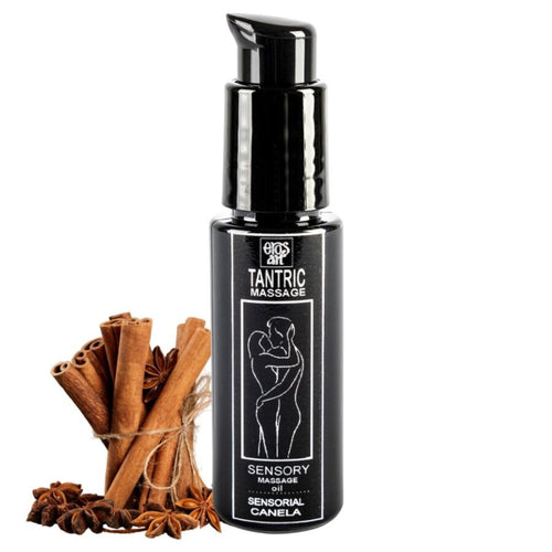 Flacon noir Eros Tantric Massage parfum cannelle avec batons de cannelle decoratifs, huile de massage tantrique vegetale a la silhouette stylisee