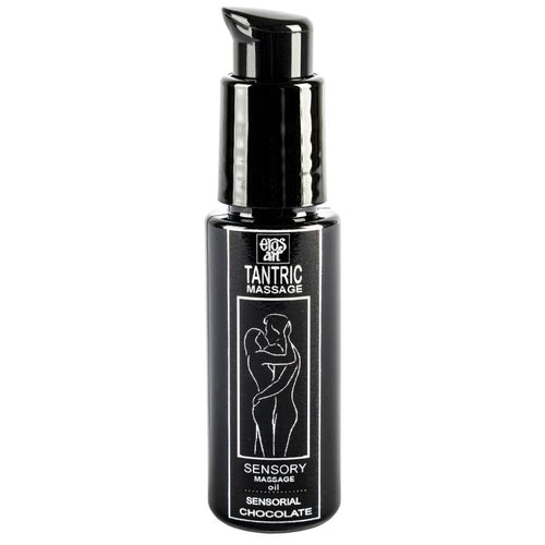 Flacon noir Eros Tantric Massage Sensory chocolat a pompe, huile de massage tantrique base d'huiles vegetales enrichie d'extraits de plantes