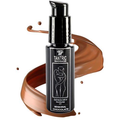Flacon noir Eros Tantric Massage parfum chocolat avec coulee de chocolat decorative, huile de massage tantrique vegetale a la silhouette stylisee
