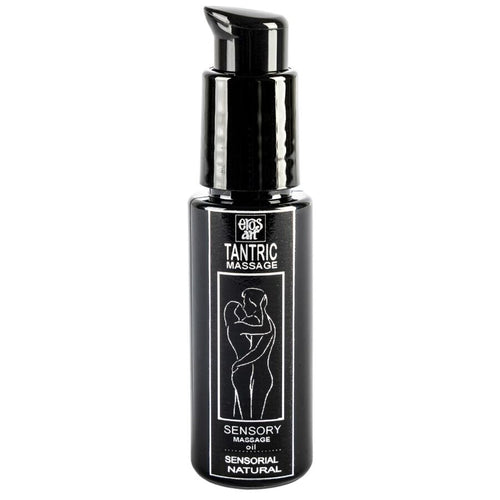 Flacon noir Eros Tantric Massage Sensory naturel a pompe, huile de massage tantrique base d'huiles vegetales, etiquette au logo silhouette enlacee