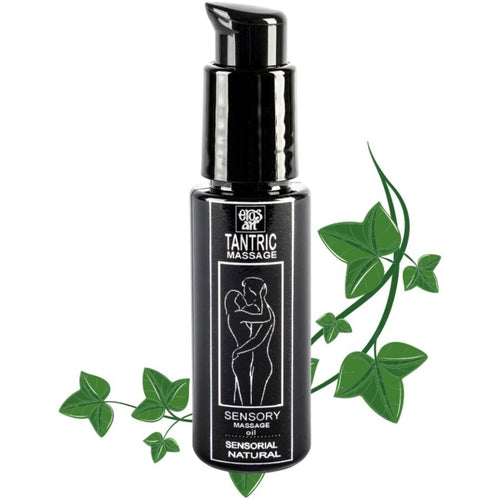 Flacon noir Eros Tantric Massage Sensory parfum naturel avec lierre vert decoratif, huile de massage tantrique a la silhouette stylisee sur l'etiquette