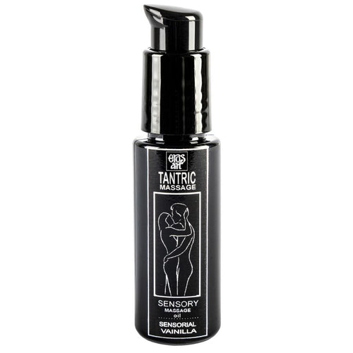 Flacon noir Eros Tantric Massage Sensory vanille a pompe, huile de massage tantrique base d'huiles vegetales soja amande douce et noyau de peche