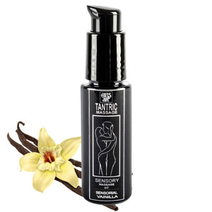 Flacon noir Eros Tantric Massage parfum vanille avec gousses decoratives, huile de massage tantrique vegetale, etiquette au logo silhouette stylisee