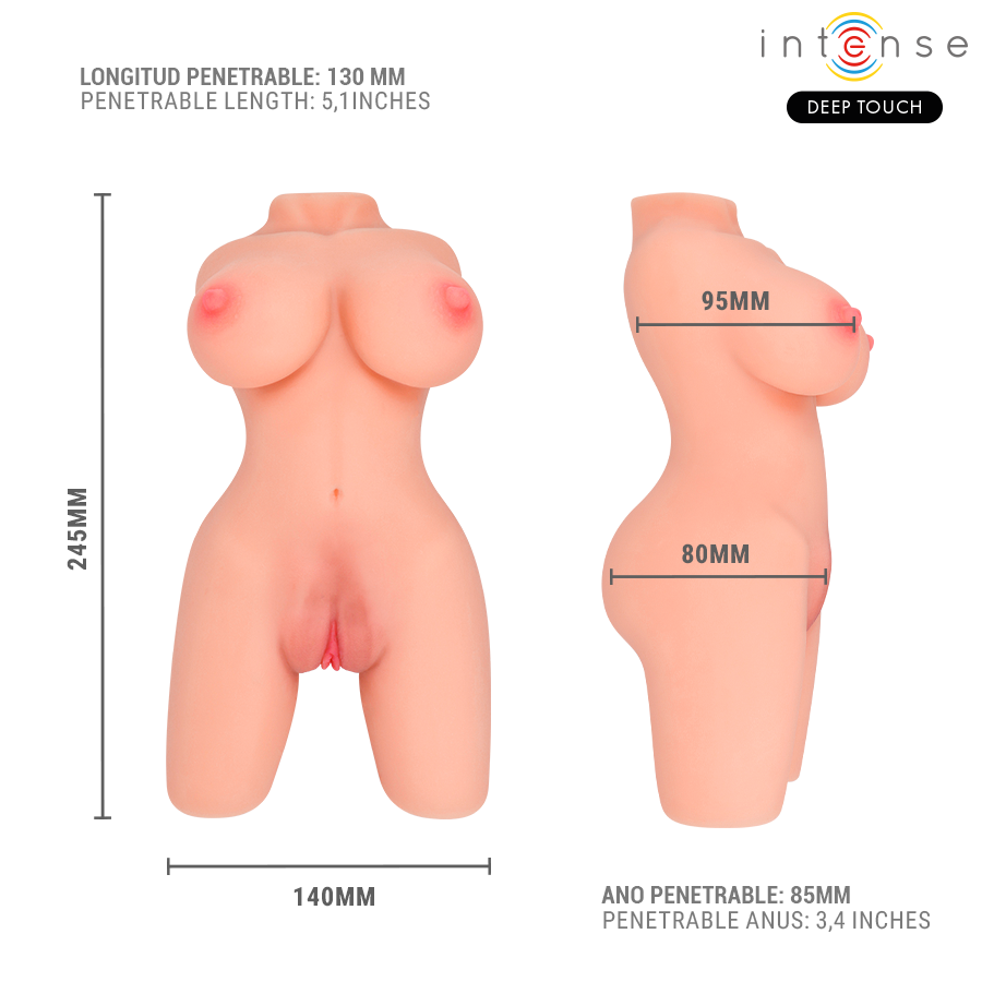 Schema cote du masturbateur buste Jesse en TPE, torse feminin de 245 mm a longueur penetrable 130 mm et anus penetrable 85 mm, orifices vagin et anus textures.