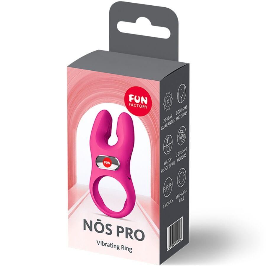 Boite produit NOS Pro Vibrating Ring de Fun Factory, packaging gris et rose illustrant l anneau penien vibrant fuchsia en silicone avec ses pictogrammes de fonctions.