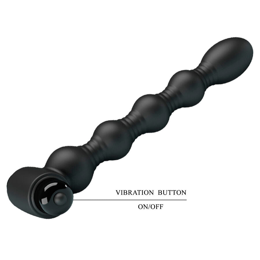 Plug anal Mr Play a billes graduees vu de profil, bouton vibration on/off signale sur le moteur amovible, silicone noir et perles croissantes pour le jeu anal progressif