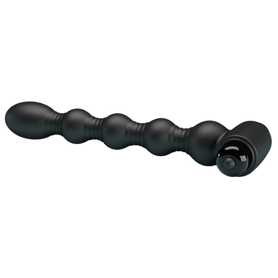 Plug anal a billes graduees Mr Play presente a l'horizontale, silicone noir souple et capsule vibrante a la base, chapelet progressif pensee pour une penetration en douceur