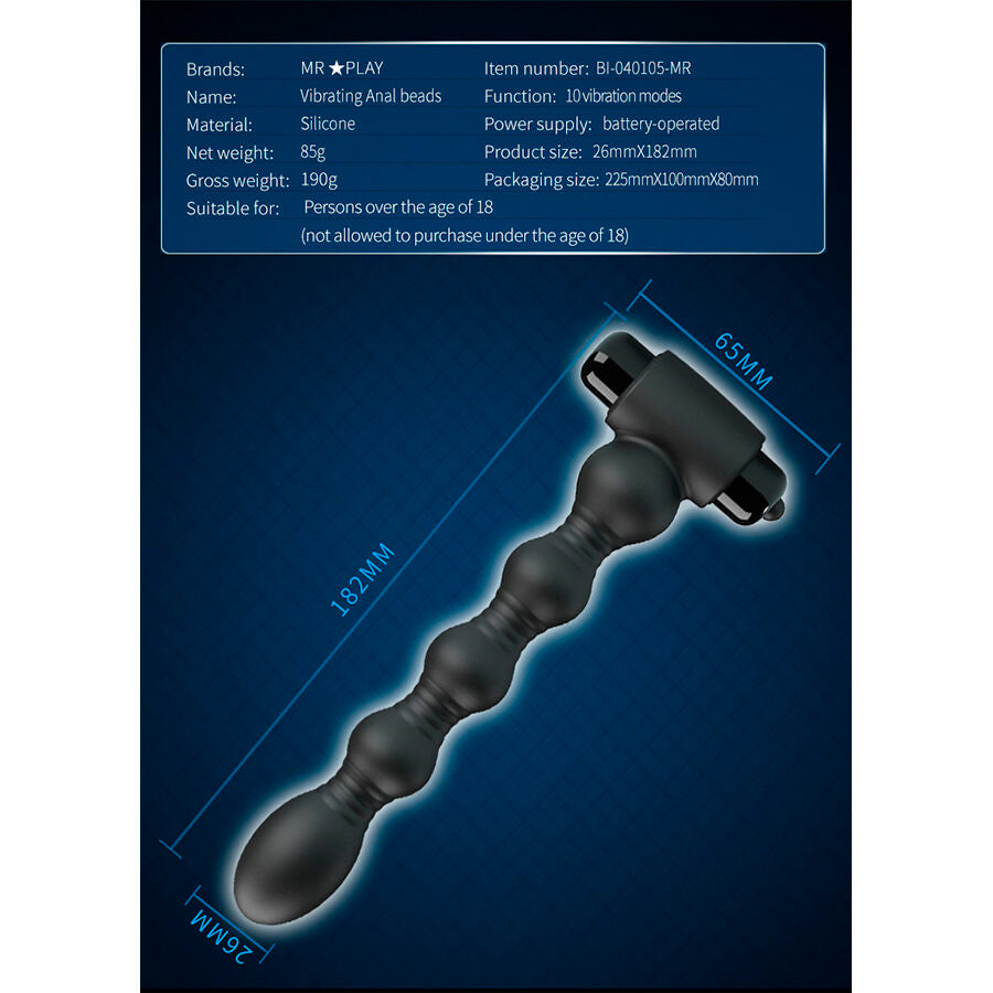 Schema technique du plug anal a billes Mr Play sur fond bleu, dimensions et caracteristiques detaillees, silicone noir a perles graduees et capsule vibrante battery-operated
