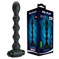 Plug anal a billes graduees Mr Play en silicone noir presente avec sa boite bleue Super Power, chapelet perlee progressif et moteur vibrant amovible pour la stimulation anale