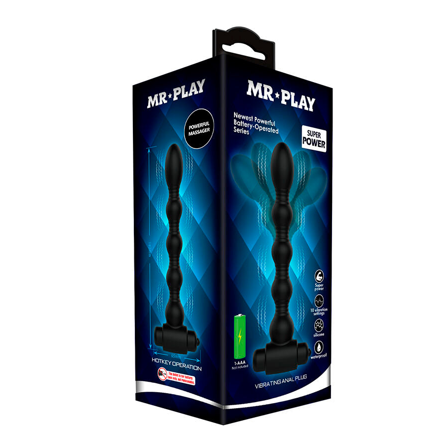 Boite Mr Play Super Power du plug anal a billes vibrant, packaging bleu illustrant le chapelet perlee en silicone et la capsule vibrante alimentee par pile