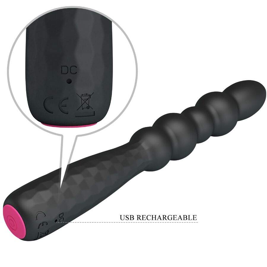 Plug anal Mr Play en silicone noir avec zoom sur la base et la mention USB rechargeable, tige ondulee a facettes et perles graduees pour un usage anal rechargeable