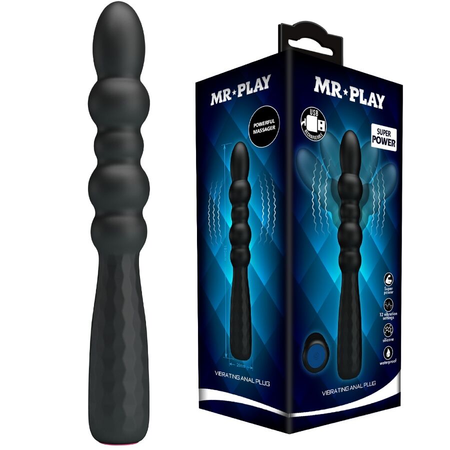 Plug anal ondule Mr Play en silicone noir presente debout avec sa boite bleue Super Power, tige perlee flexible et bouton de controle pour la stimulation anale