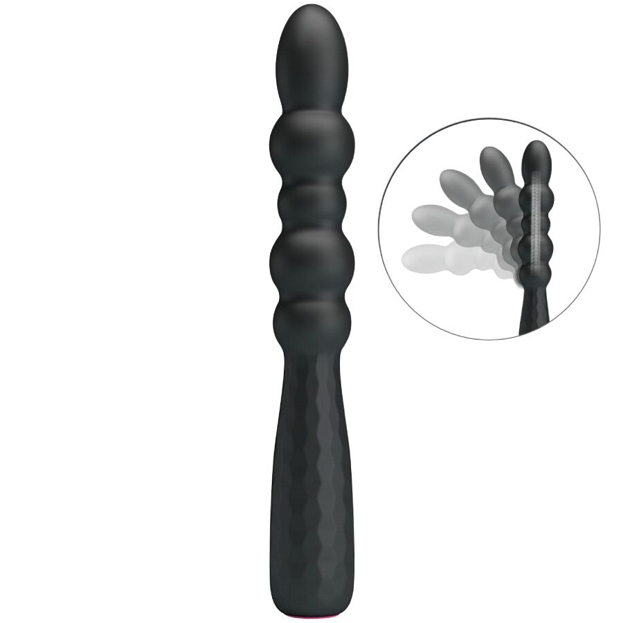 Plug anal vibrant Mr Play debout en silicone noir, vignette illustrant la flexibilite de la tige ondulee perlee qui se plie pour epouser les courbes du corps