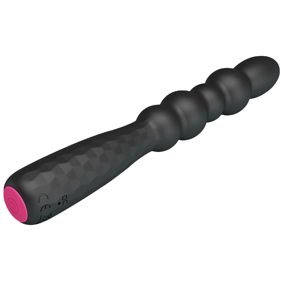 Plug anal vibrant Mr Play a tige ondulee, vue inclinee en silicone noir a facettes, perles graduees et manche ergonomique pour cibler les zones sensibles avec precision