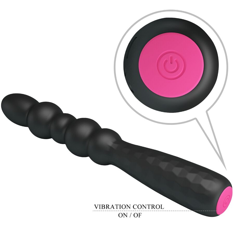 Plug anal vibrant Mr Play en silicone noir avec zoom sur le bouton de controle rose vibration on/off, tige ondulee perlee flexible pour une stimulation anale modulable
