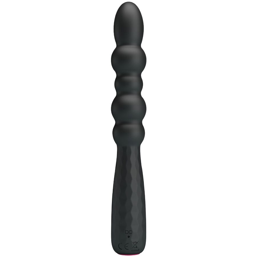 Plug anal Mr Play a tige ondulee et perles en silicone noir, manche profil rose, surface texturee flexible epousant les courbes du corps pour une stimulation ciblee