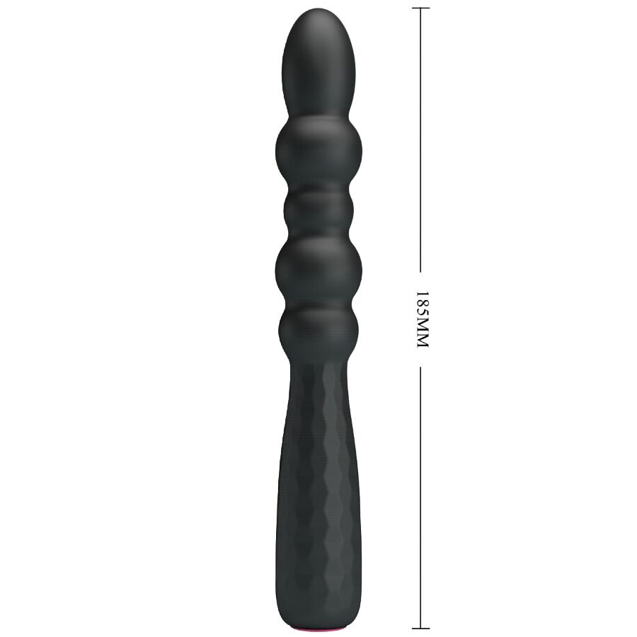 Plug anal Mr Play vu de face avec mesure de 185 mm, tige ondulee perlee en silicone noir et embout arrondi pour une stimulation anale progressive et flexible